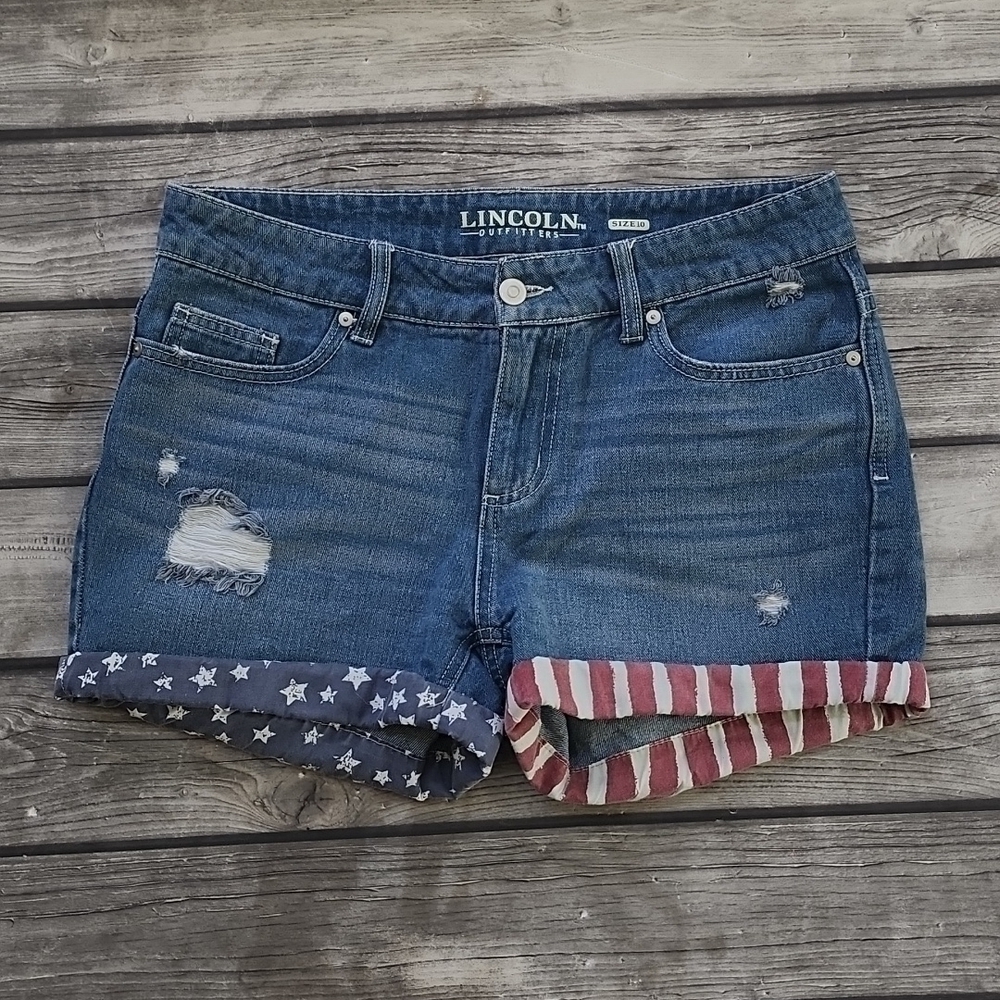 Lincoln Outfitters Distressed Stars and Stripes Denim Jean Shorts Sz 10